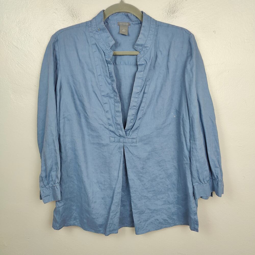 Ann Taylor Linen Top Womens 10 Blue Split Neck 3/4‎ Sleeve Preppy Beachy Light